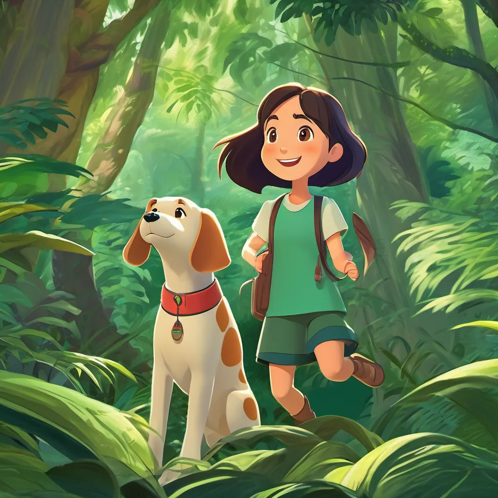 A young girl and her friendly dog stare excitedly into a dense jungle filled with tall green trees.