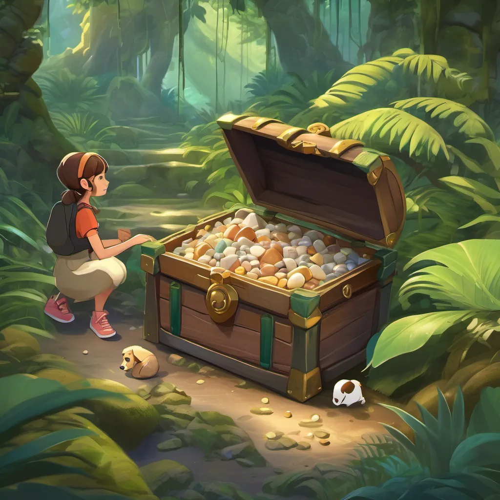 A hidden treasure chest filled with shiny stones and beautiful shells in the jungle, with a girl and a dog finding it.