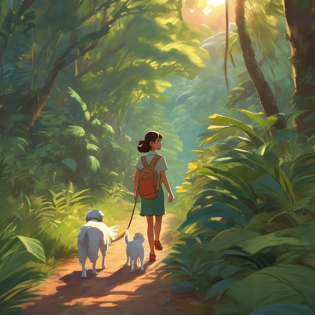 A girl and her dog walking home through the jungle as the sun sets, looking happy and content.