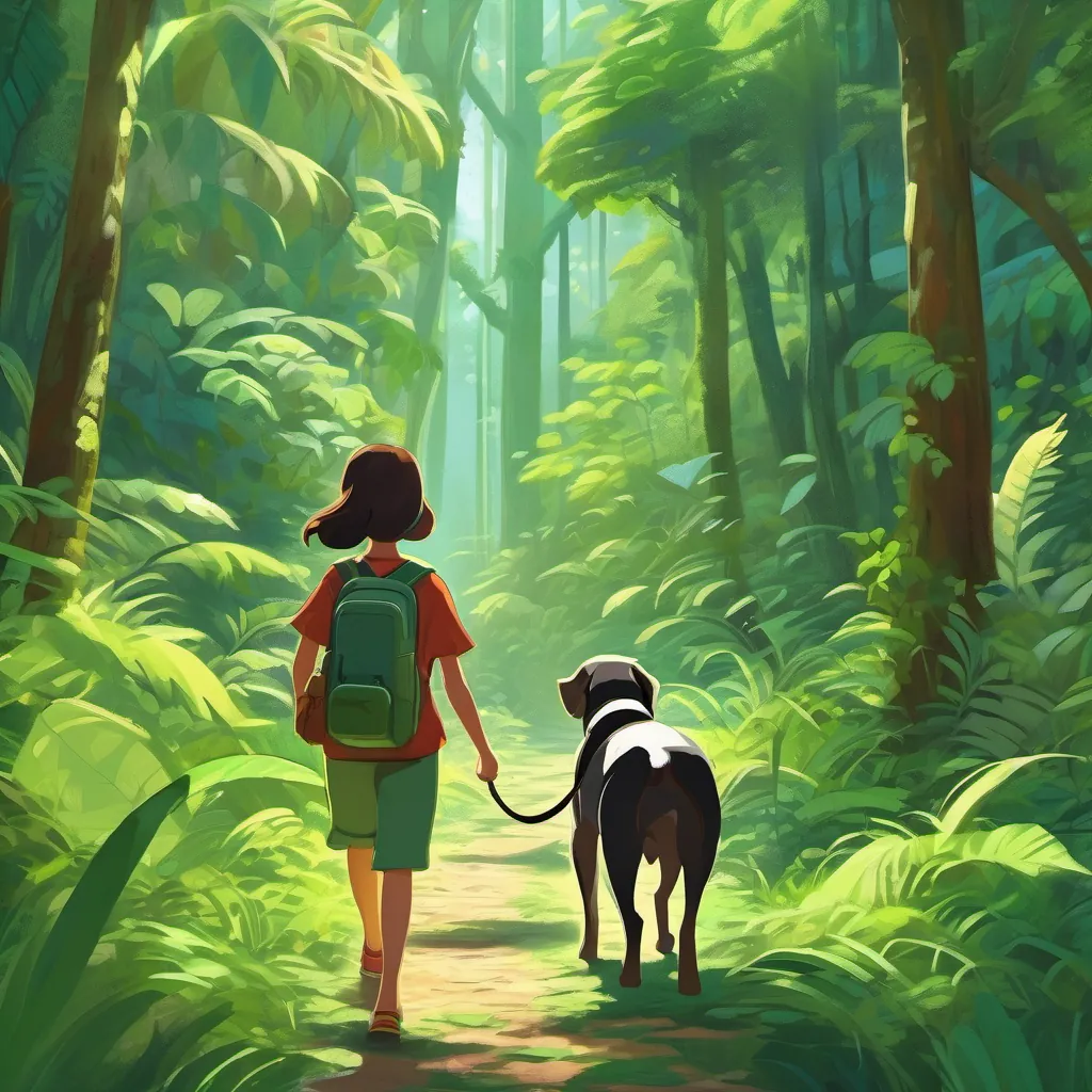 A girl and her dog walking together through a dense, green jungle.