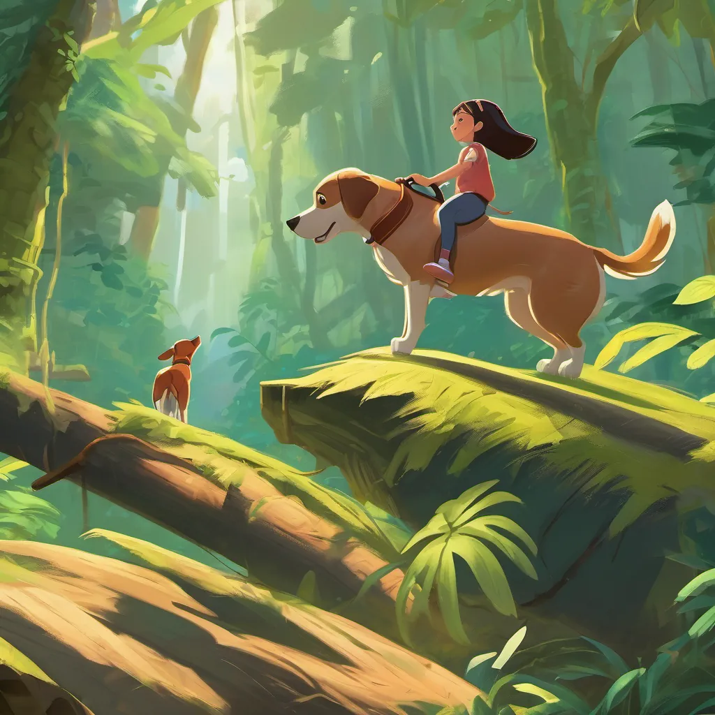 A dog sniffing the air in a jungle, curious and alert, while a girl jumps over a log.