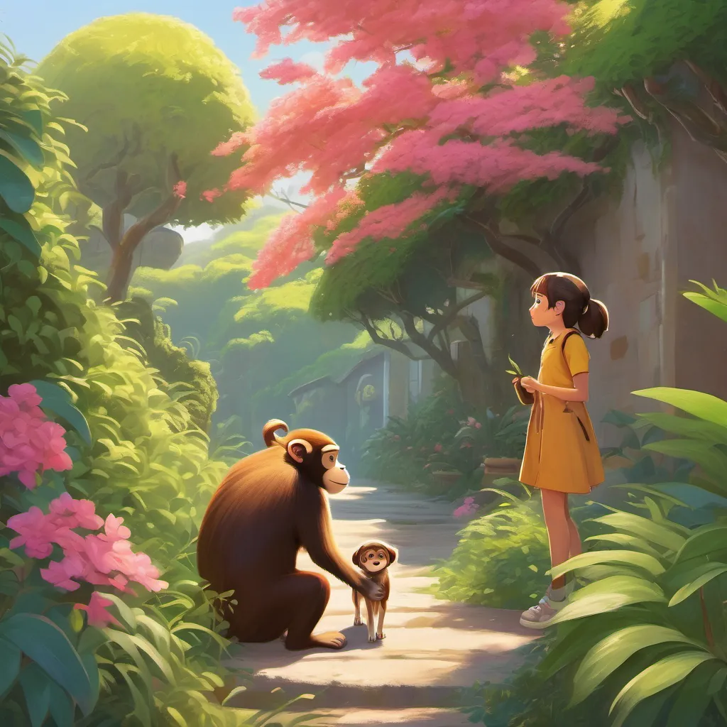 A curious monkey appearing from behind a bush, with a girl and dog looking amused.