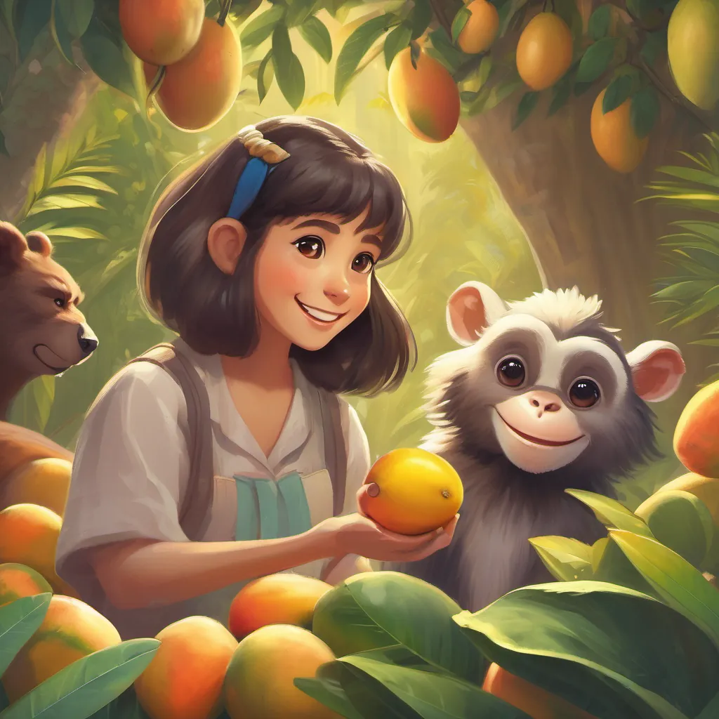 A smiling monkey offering a mango to a girl and her dog, who both look happy.