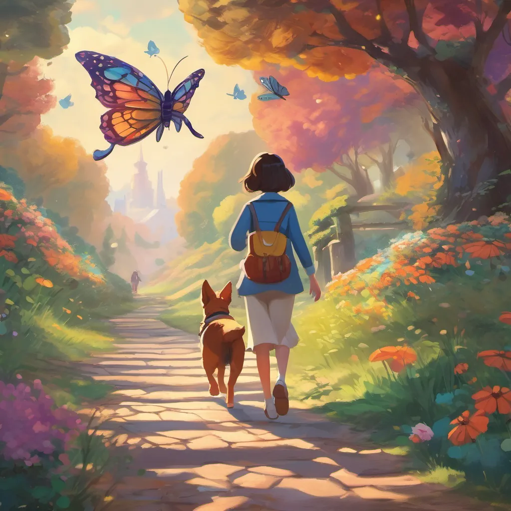A giant, colorful butterfly flying ahead of a girl and her dog who are chasing it.