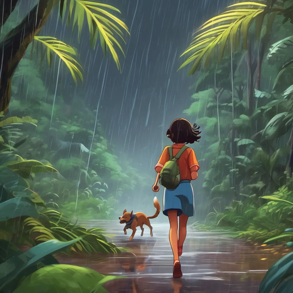 Dark storm clouds and heavy rain in a jungle, with a girl and her dog running for cover.