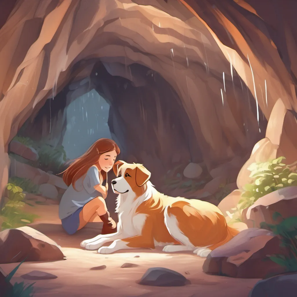 A girl and her dog snuggled together inside a dry, cozy cave while it rains outside.