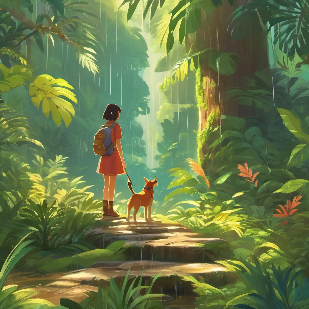 A sparkling, rain-kissed jungle with a sun emerging and a girl and her dog ready to continue their adventure.
