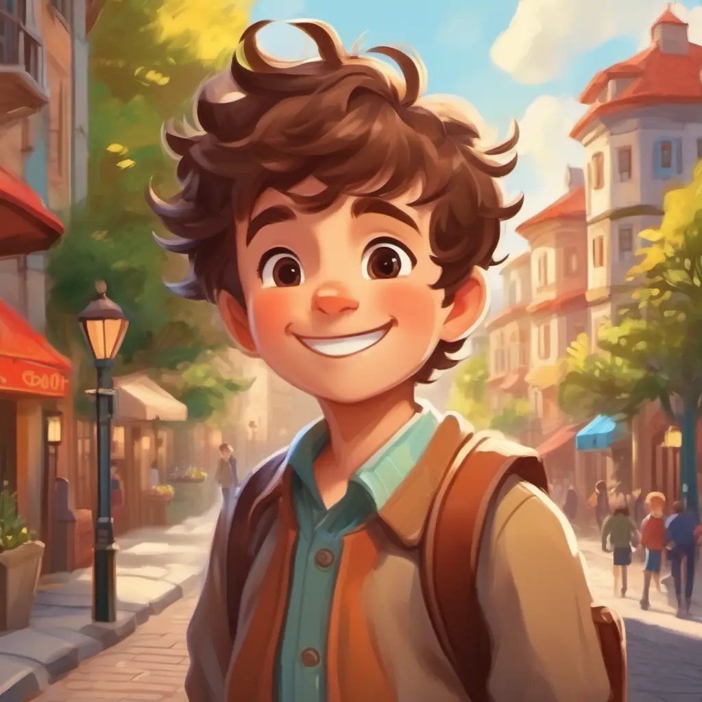 Introduction to Cheerful boy with brown hair, big brown eyes, and a ready smile and his playful nature, town setting, and upcoming birthday excitement.