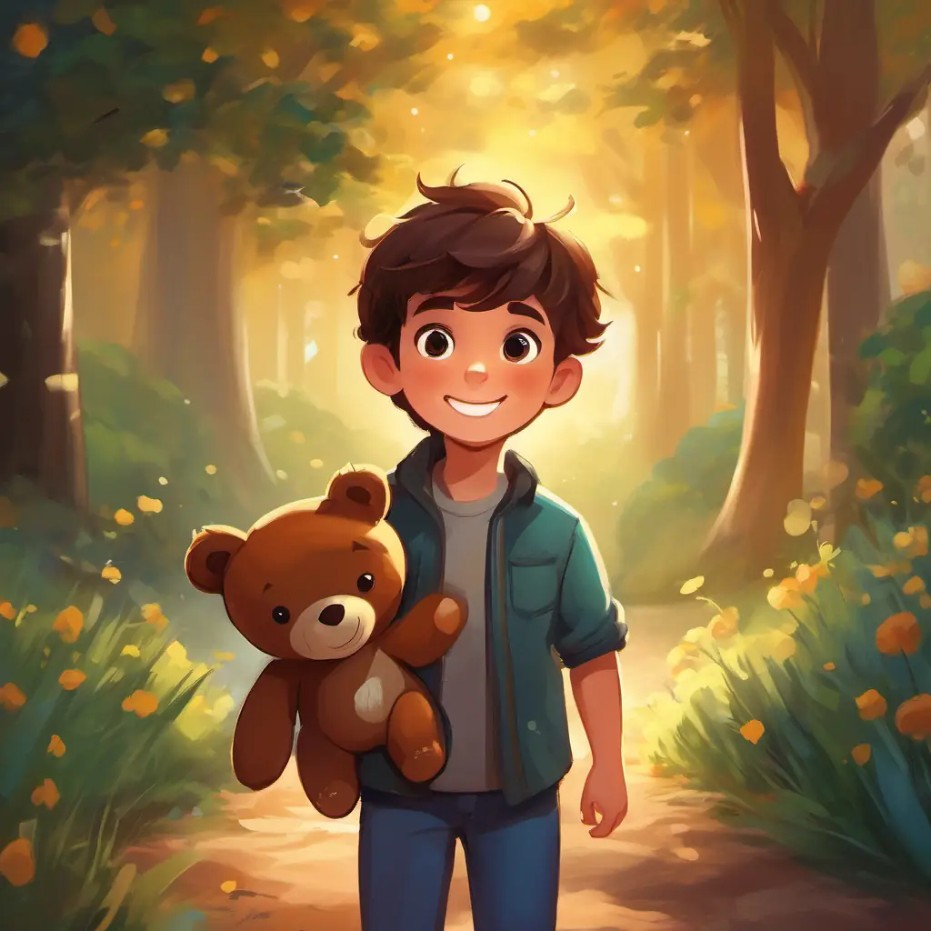 Meeting Cheerful boy with brown hair, big brown eyes, and a ready smile's toy bear, understanding the problem, and Cheerful boy with brown hair, big brown eyes, and a ready smile's realization of his powers.