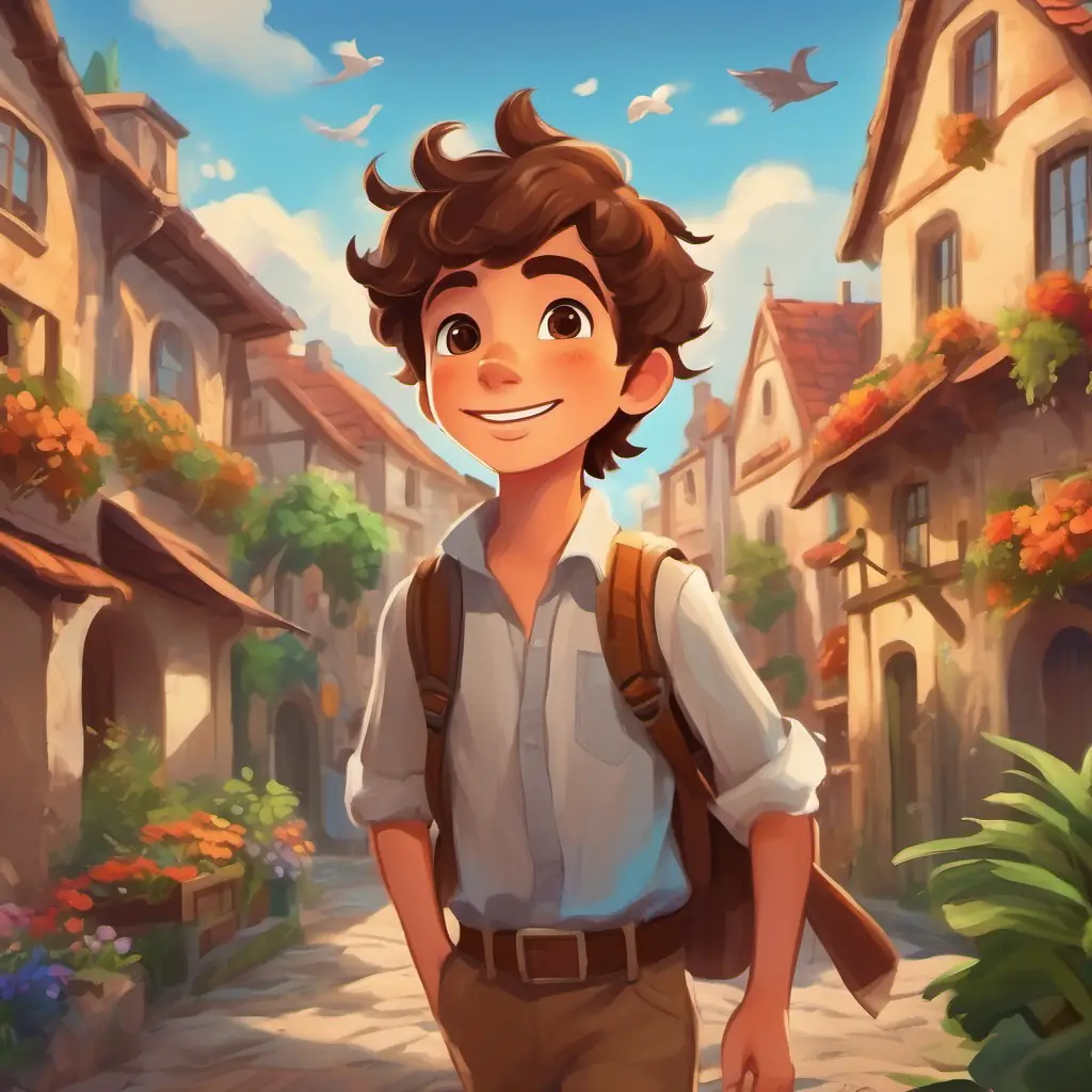 Cheerful boy with brown hair, big brown eyes, and a ready smile using his imagination and kindness to save the town from the invisible creatures, bringing peace.