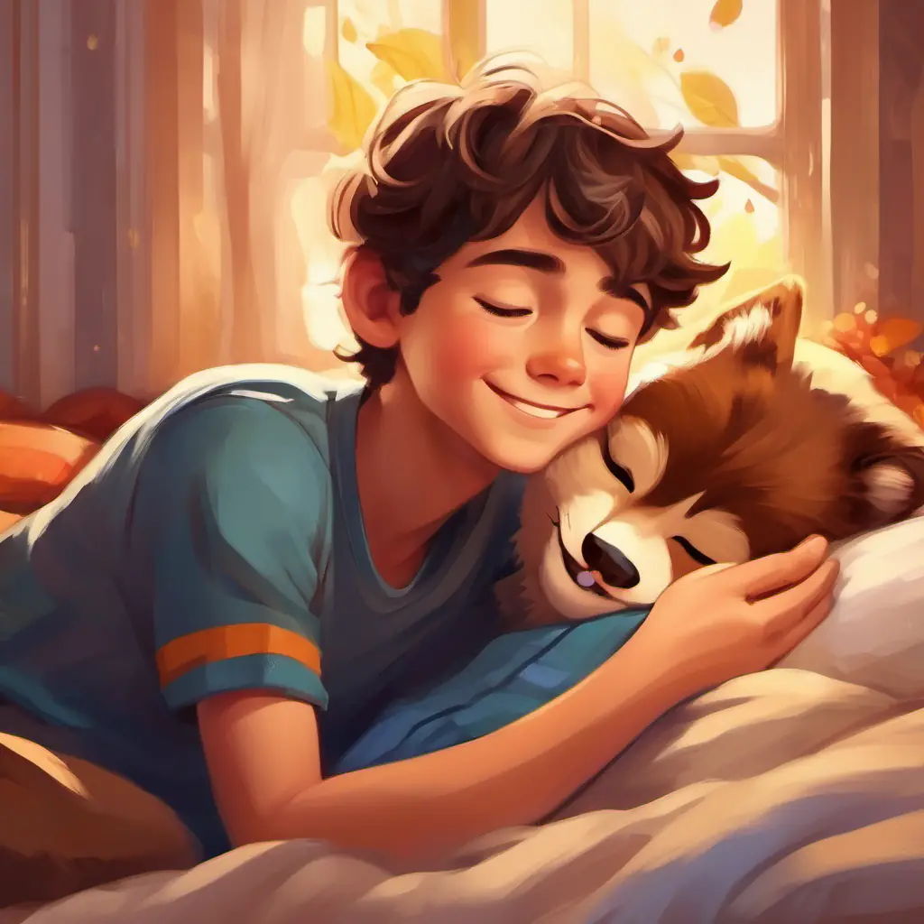 Cheerful boy with brown hair, big brown eyes, and a ready smile's peaceful sleep, dreams of future adventures, and contentment with his new found responsibility.