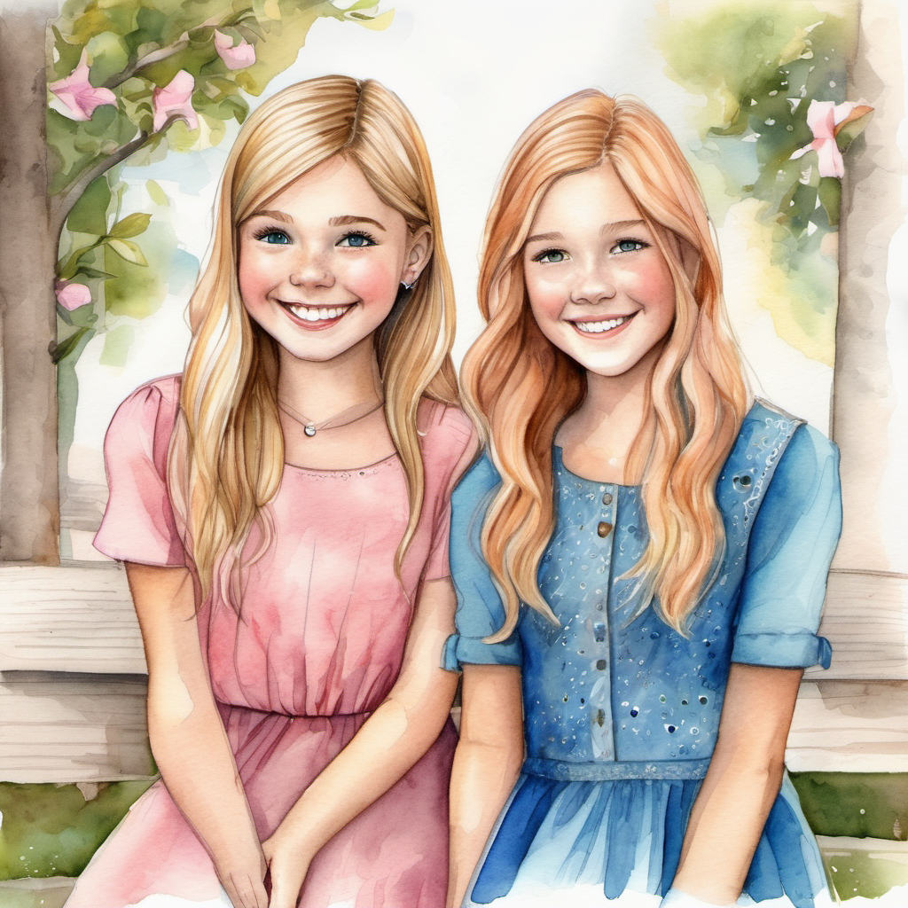 Lily: blonde hair, blue dress, always smiling and Emma: brown hair, pink dress, freckles, caring, best friends in a small town