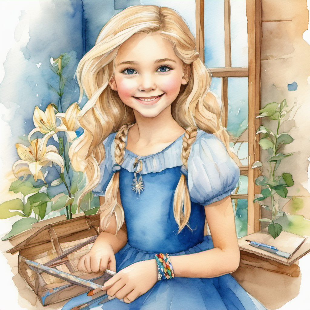 Lily: blonde hair, blue dress, always smiling finds a magical friendship bracelet in a box