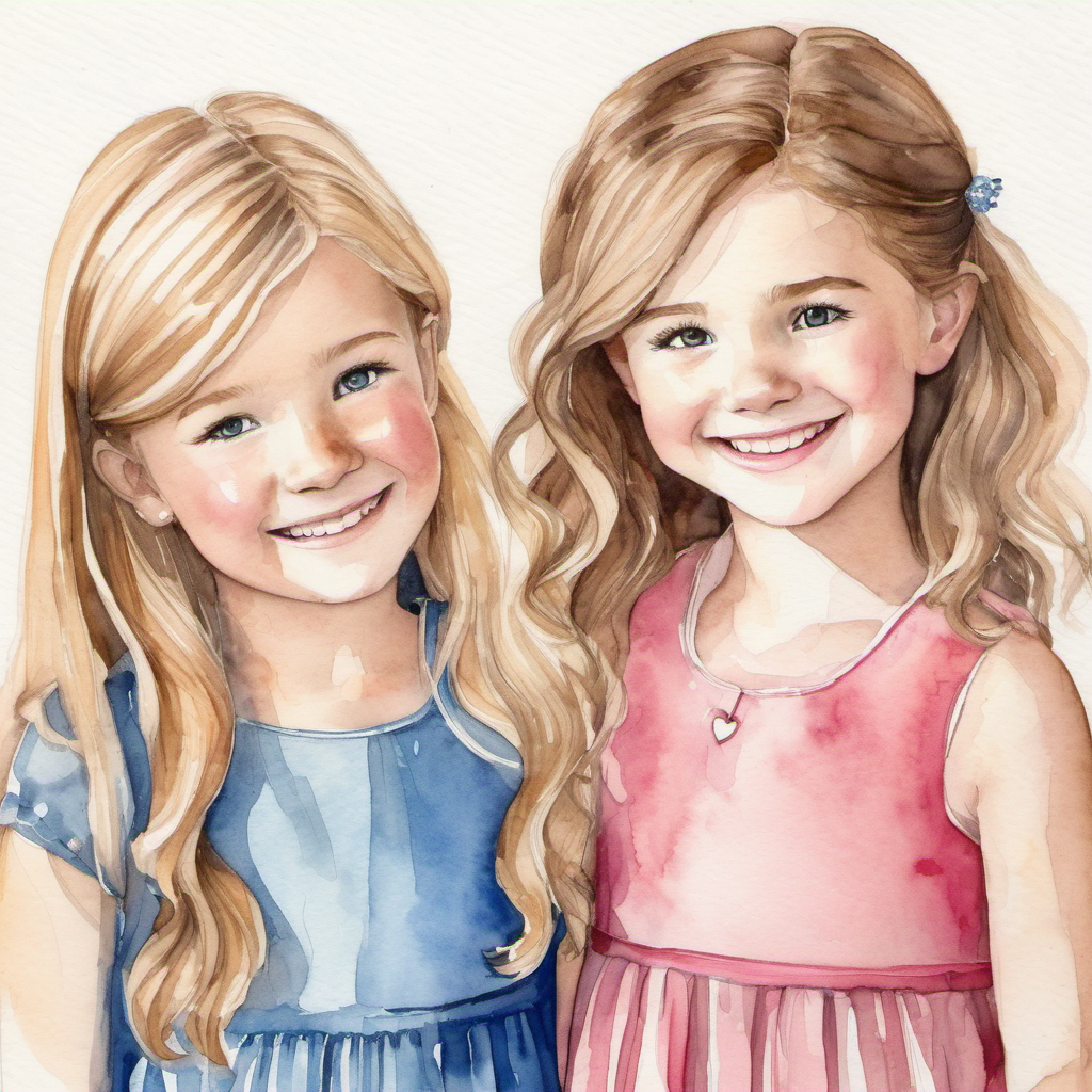 Lily: blonde hair, blue dress, always smiling and Emma: brown hair, pink dress, freckles, caring realize the importance of kindness