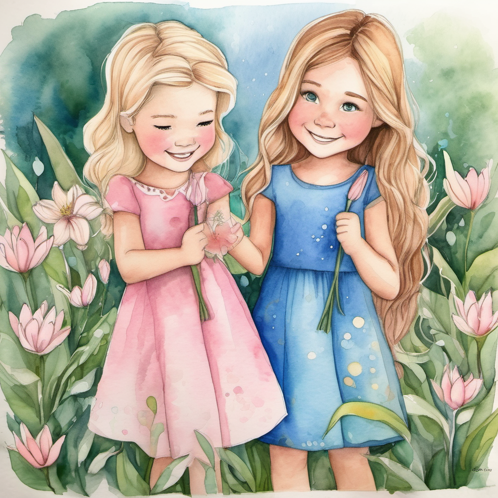 Lily: blonde hair, blue dress, always smiling and Emma: brown hair, pink dress, freckles, caring's bond grows stronger