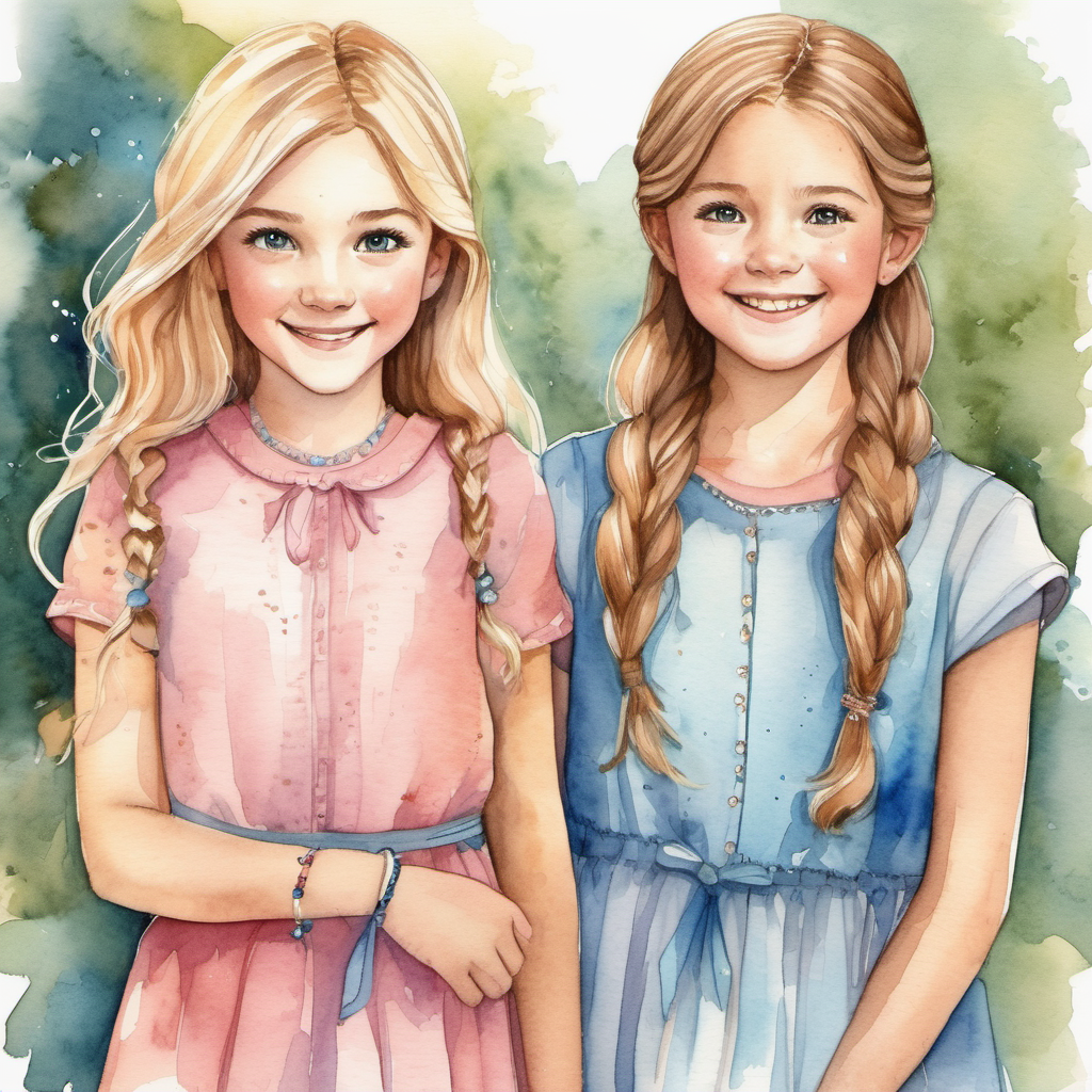 Lily: blonde hair, blue dress, always smiling and Emma: brown hair, pink dress, freckles, caring always wear their magic friendship bracelet