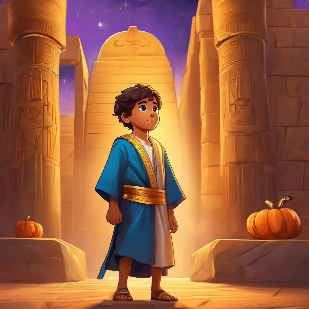 Tom is 7 years old. standing in ancient Egypt, looking amazed as he meets Prophet Moses.