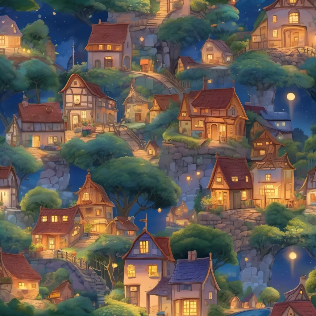 A quaint, picturesque village under a vibrant night sky, with a small boy joyfully painting a mural on a wall.