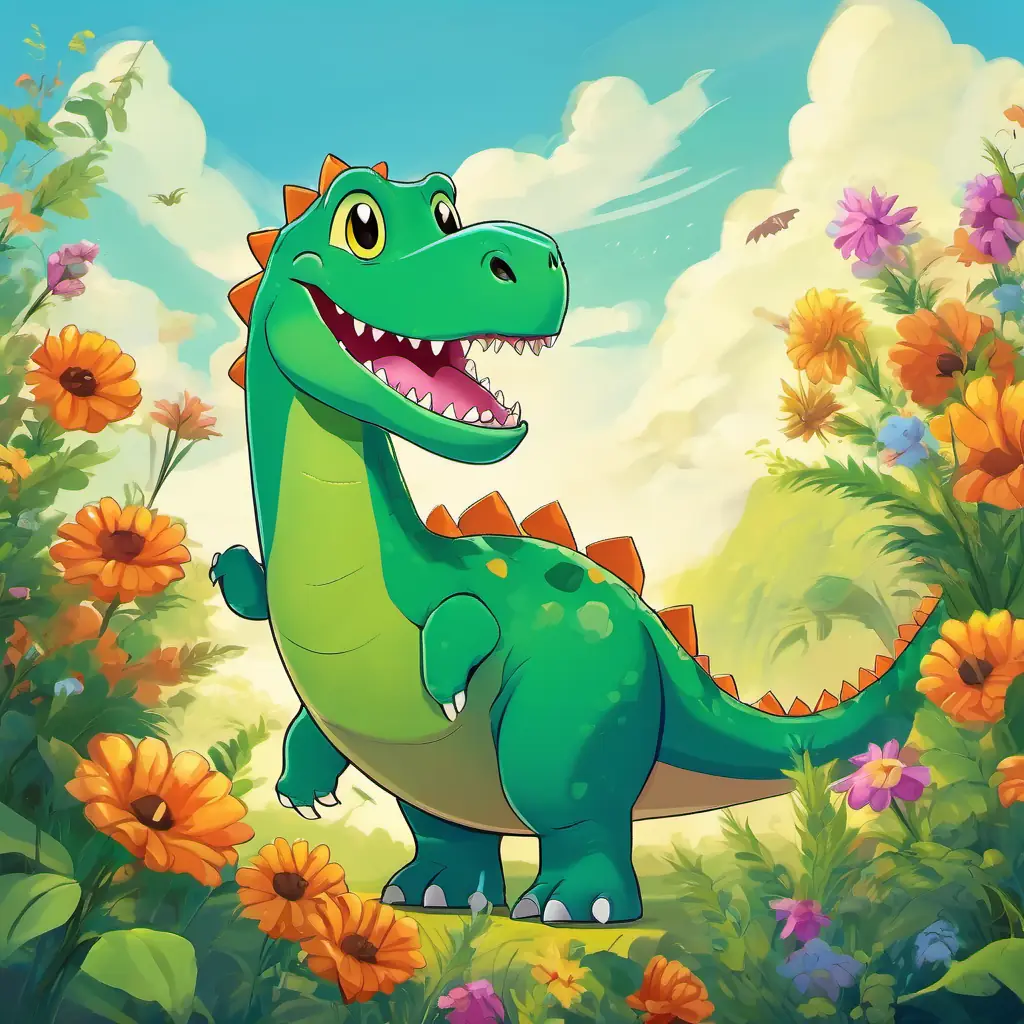 A big green and friendly dinosaur with a big grin is a green and friendly dinosaur with a big grin, surrounded by colorful flowers and a sunny blue sky.