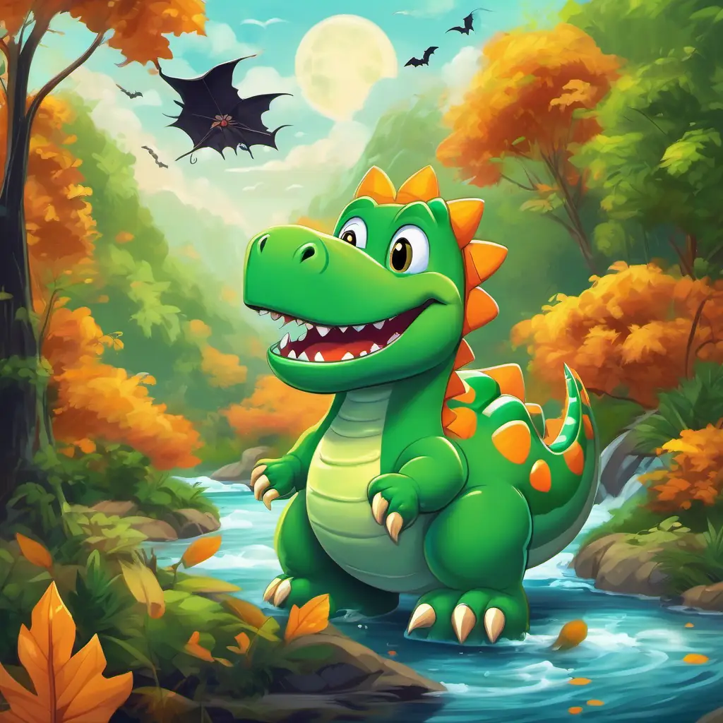 A big green and friendly dinosaur with a big grin is spinning around, causing the leaves to spin in the air and the river to make joyful bubbling sounds.