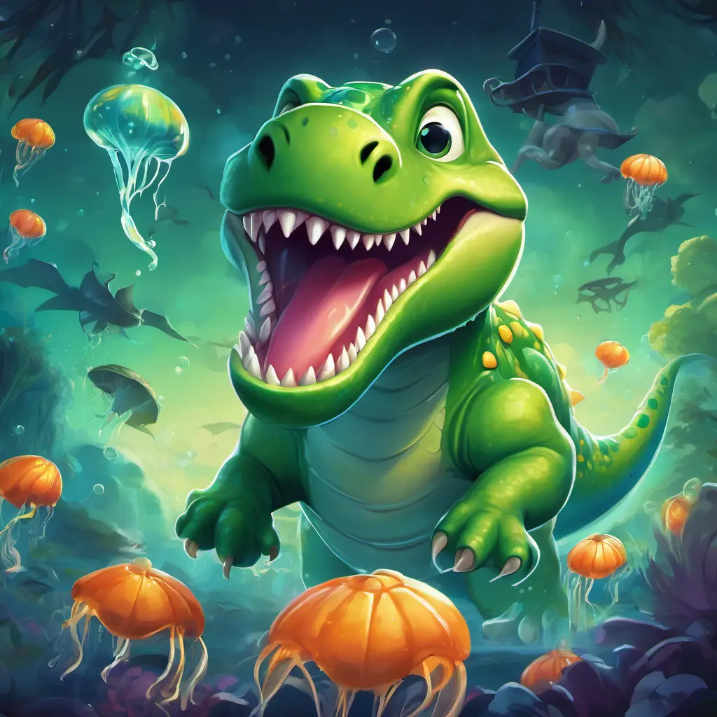 A big green and friendly dinosaur with a big grin pounces on a jellyfish, making a lively 'pop' sound, with the jellyfish wiggling and wobbling!