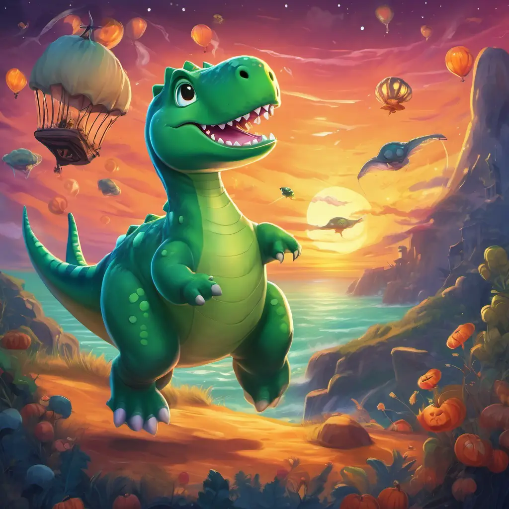 A big green and friendly dinosaur with a big grin and the jellyfish are now happily skipping and flipping together, surrounded by a beautiful sunset and a starry sky.