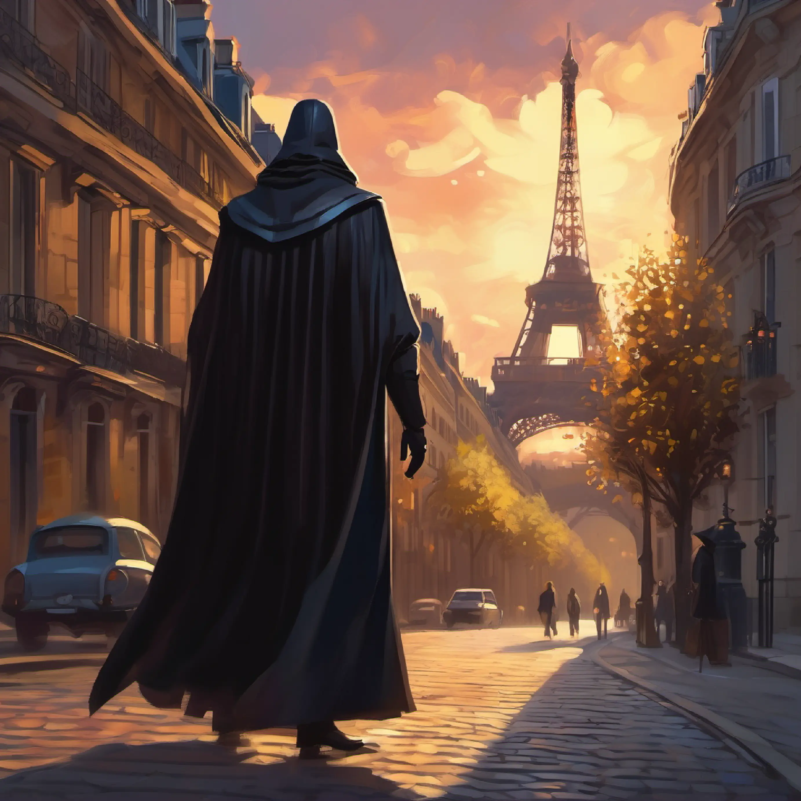 Introduction to the new villain, Dark cloak, masked face, mysterious, wreaking havoc in Paris.