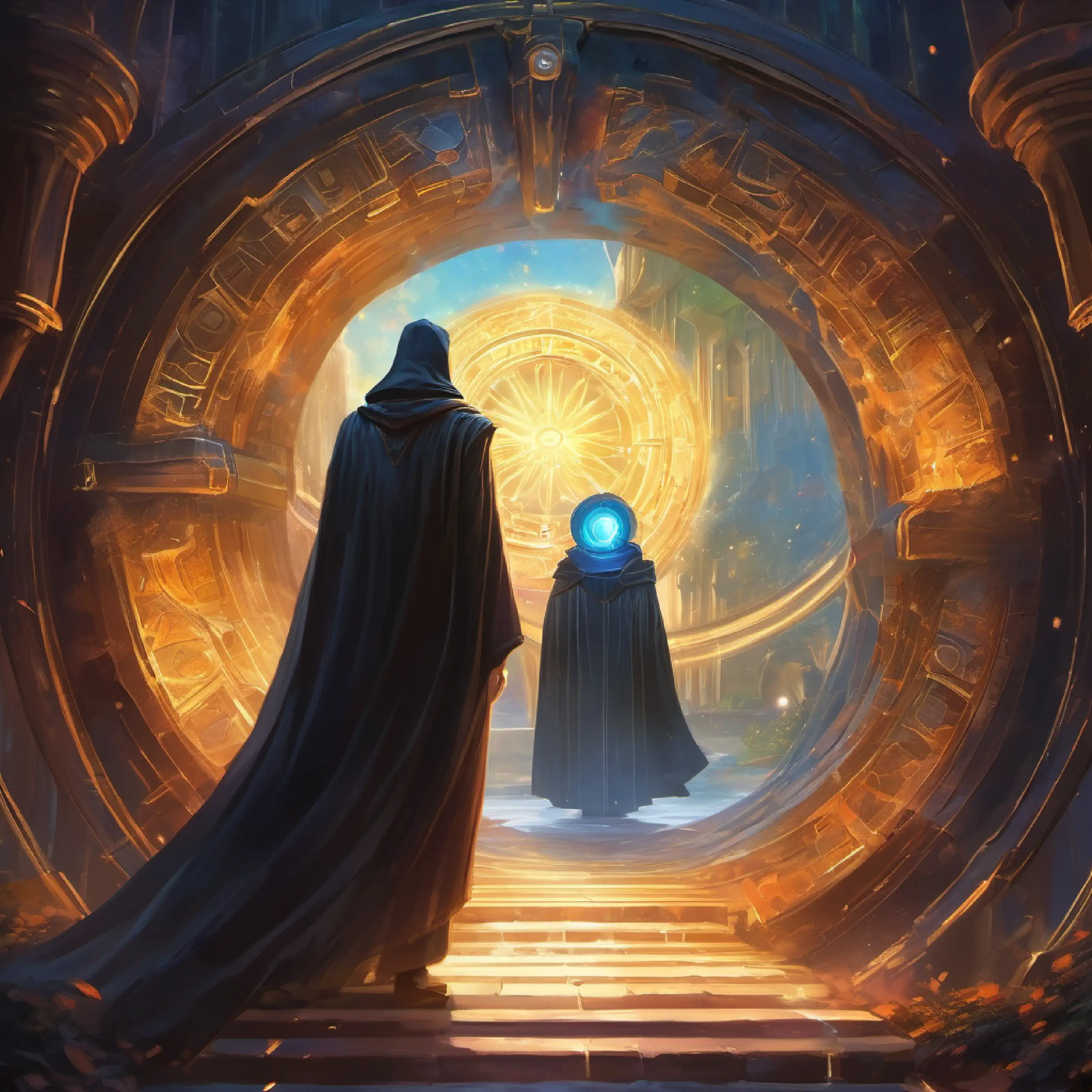 Dark cloak, masked face, mysterious's device opening portals to the Quantic Universe, revealing a new setting.
