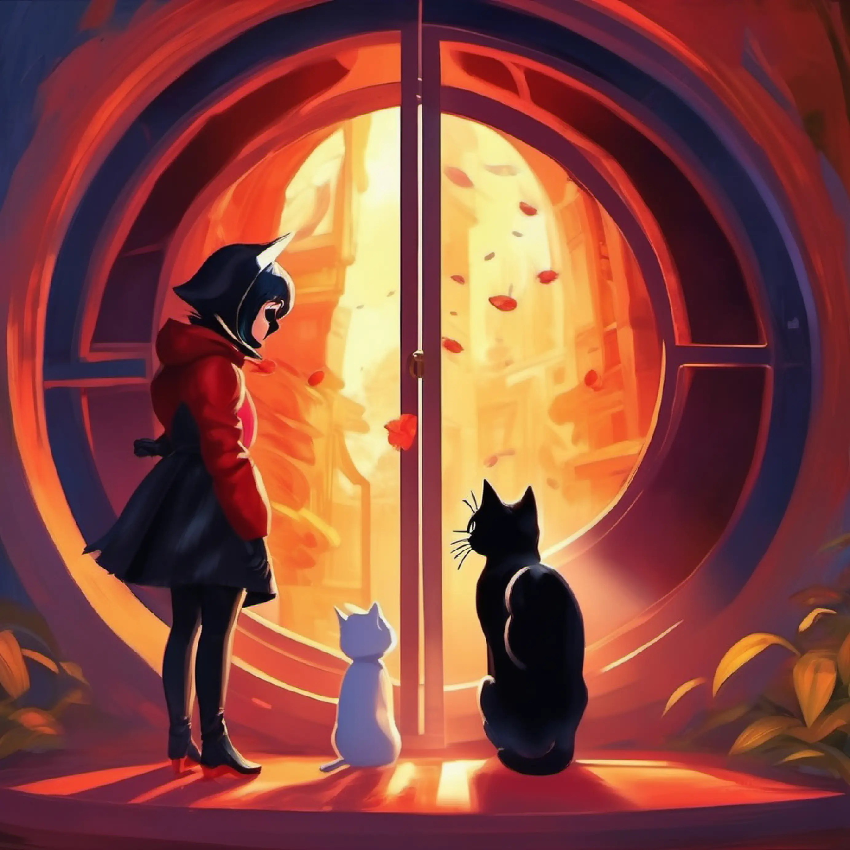 Ladybug and Cat Noir making a decision to enter the portal to stop Dark cloak, masked face, mysterious.