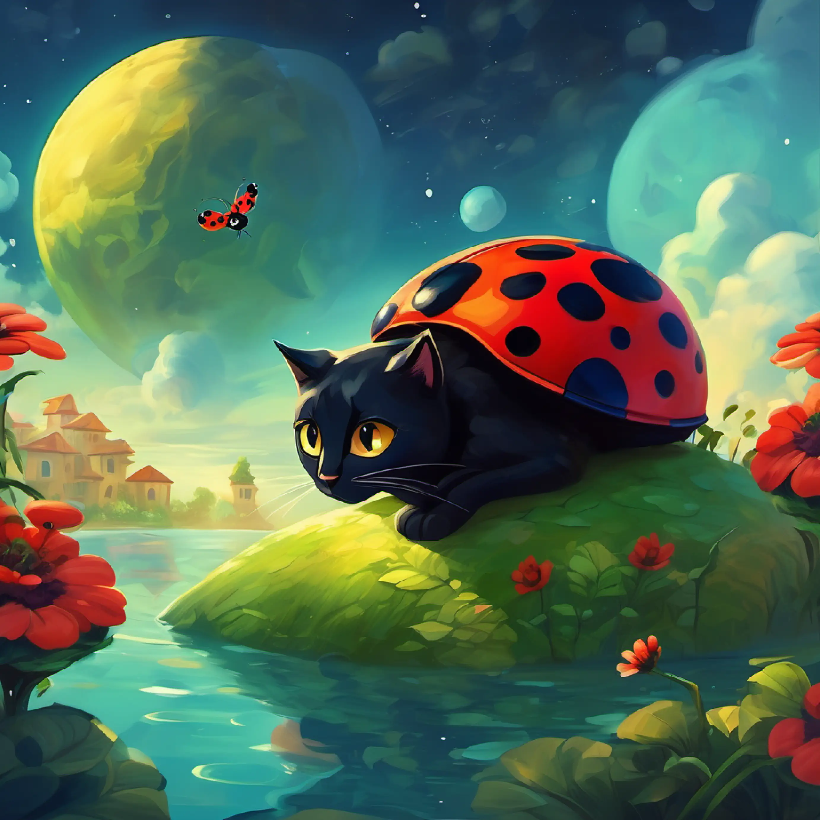Ladybug and Cat Noir in the Quantic Universe with floating islands and creatures.