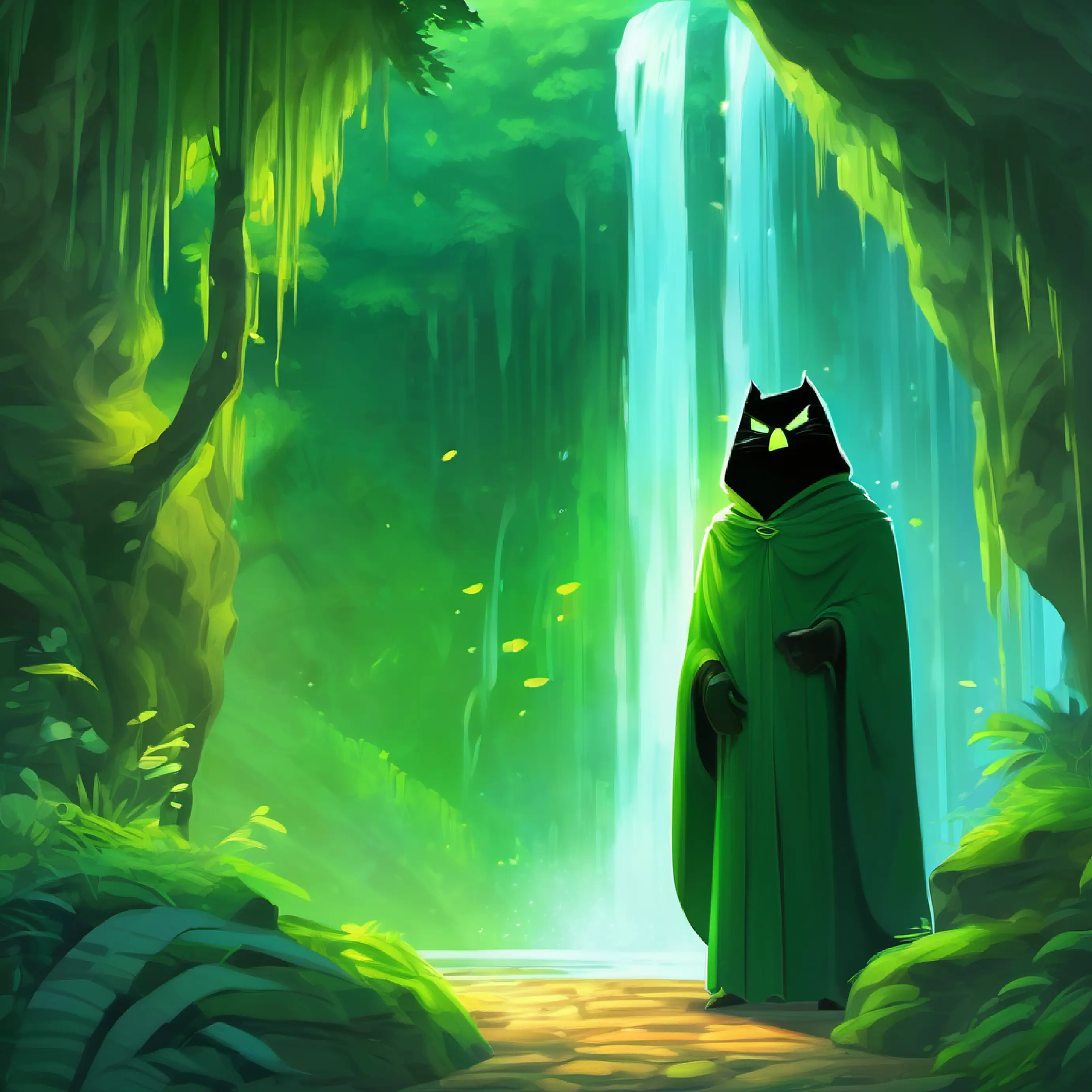 Bright green, glowing eyes, friendly guiding them to Dark cloak, masked face, mysterious’s hideout behind a waterfall.