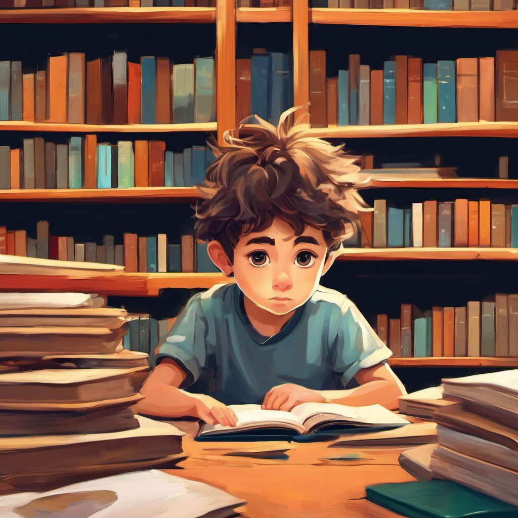 A little boy with messy hair and curious eyes. sitting at a desk with empty bookshelves