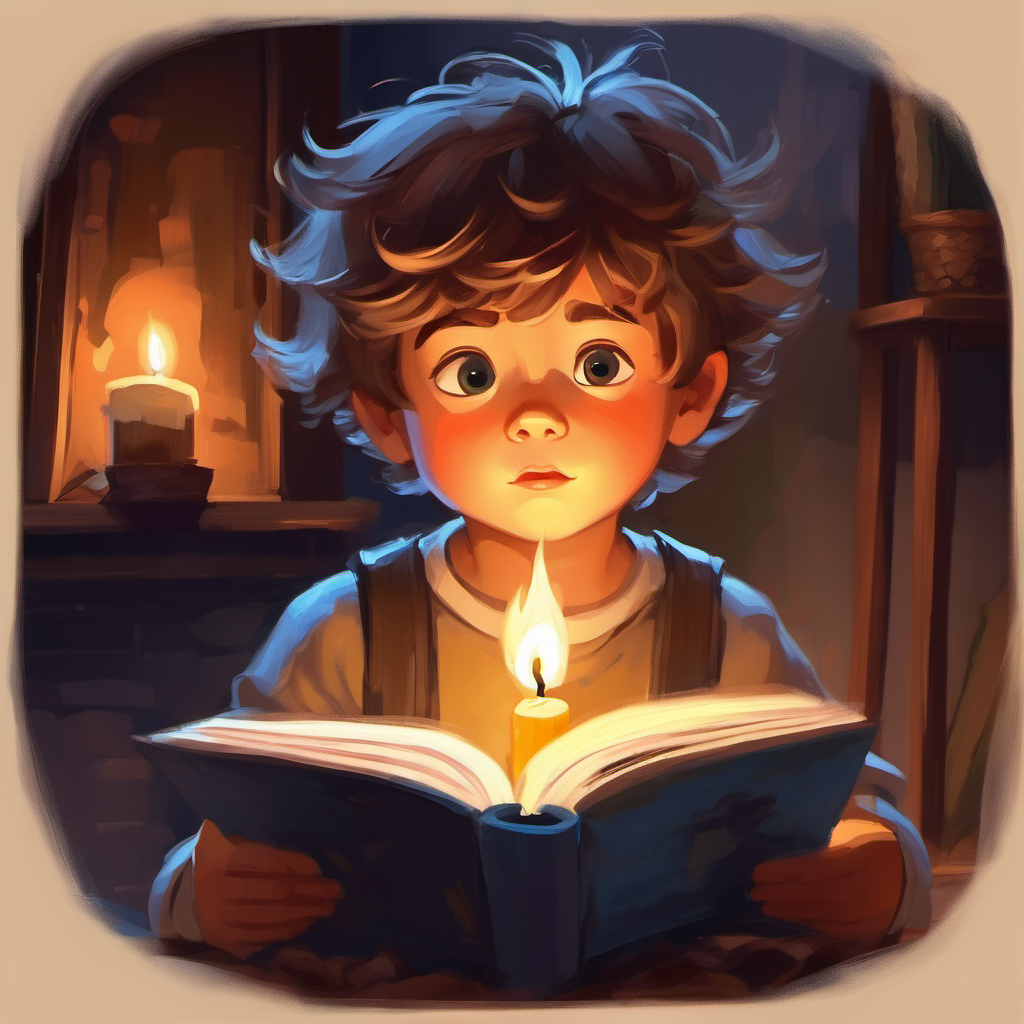 A little boy with messy hair and curious eyes. reading by the light of a candle