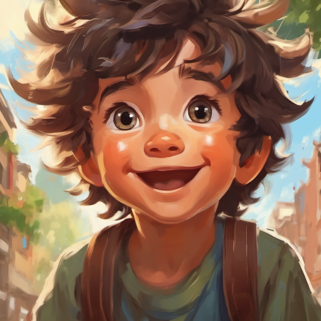 A little boy with messy hair and curious eyes. raising his hand with a big smile