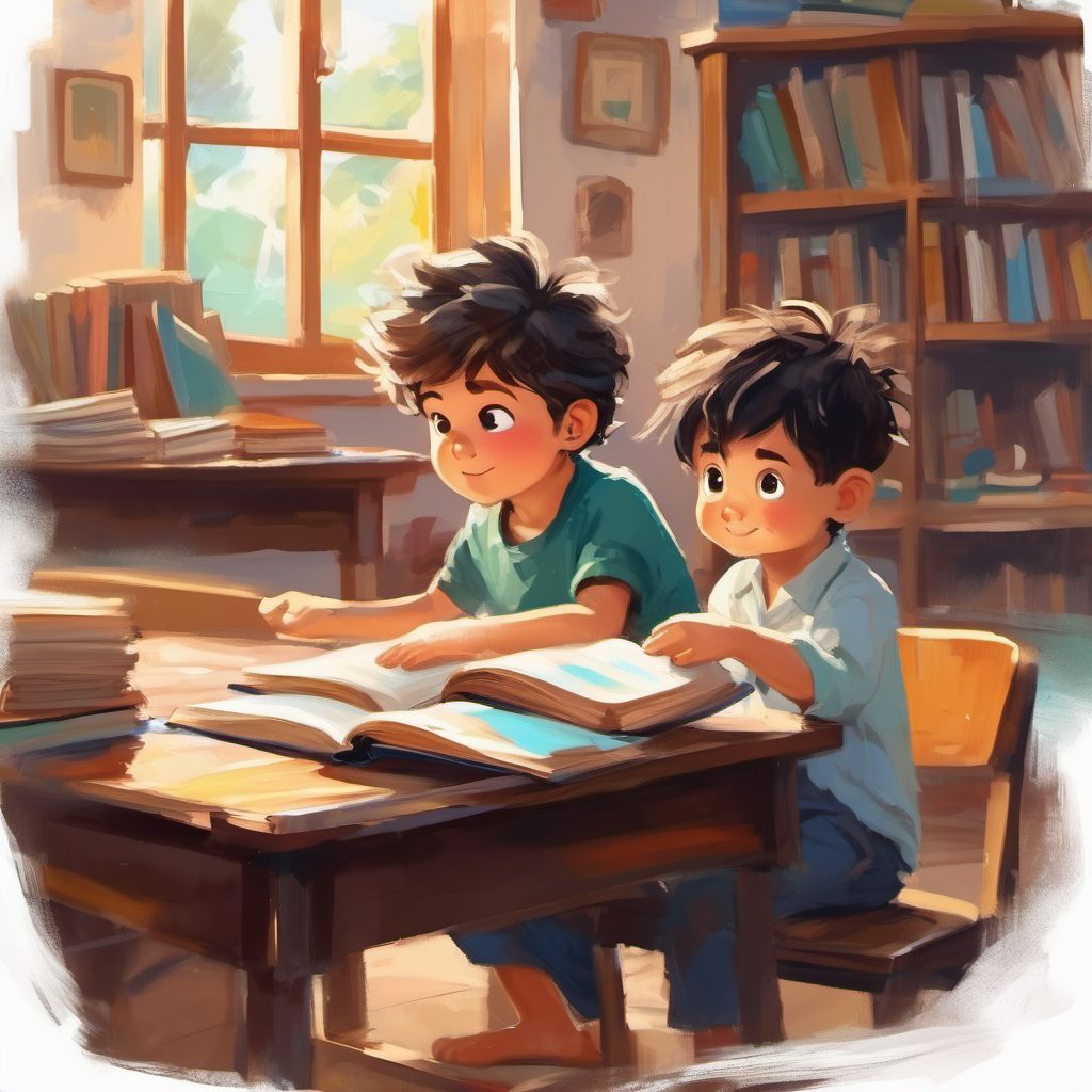 A little boy with messy hair and curious eyes. receiving books and a desk from his teacher