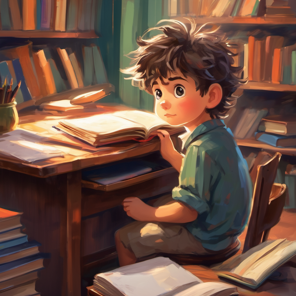 A little boy with messy hair and curious eyes. studying at his new desk with books