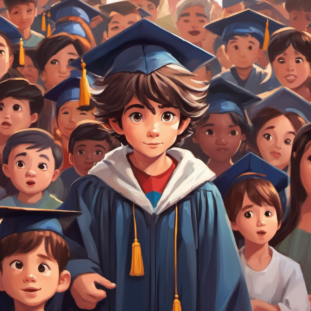 A little boy with messy hair and curious eyes. in a graduation gown, surrounded by proud family