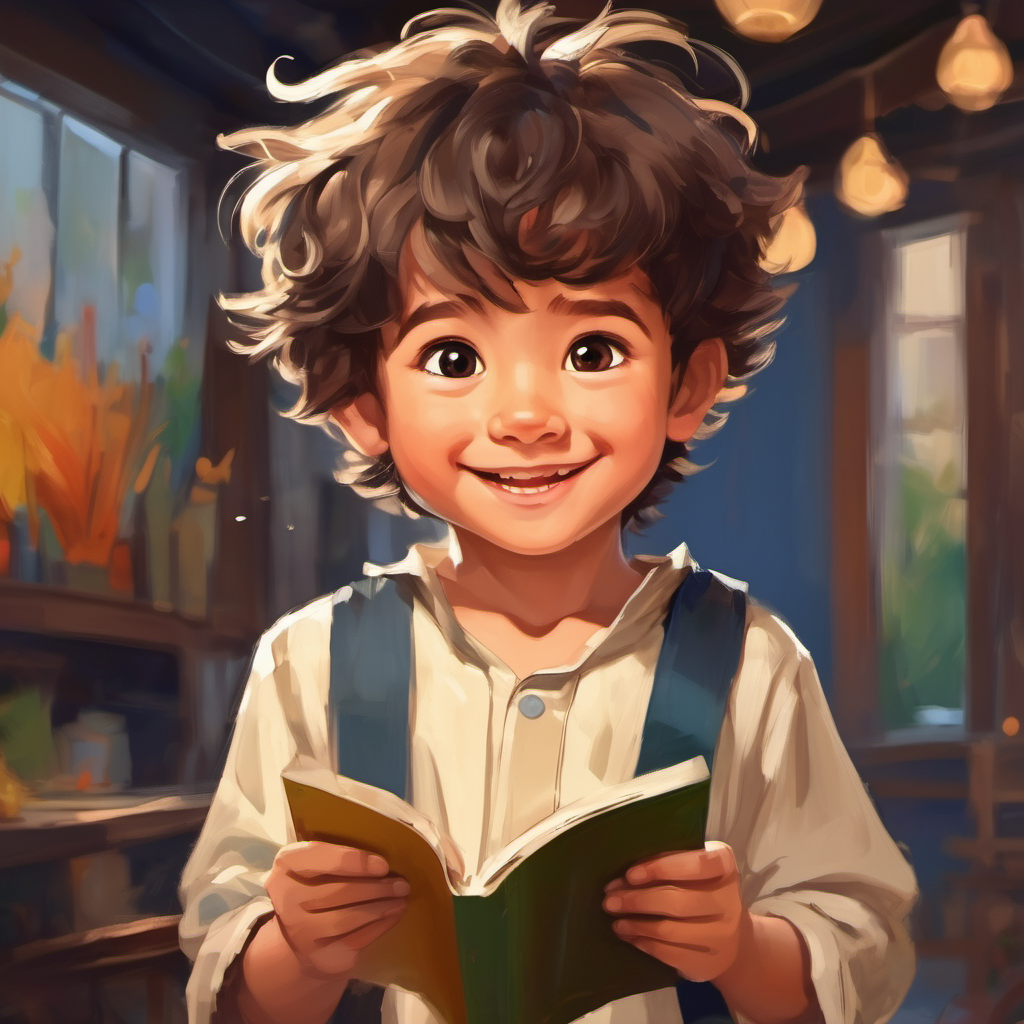 A little boy with messy hair and curious eyes. with a big smile and a diploma in his hand
