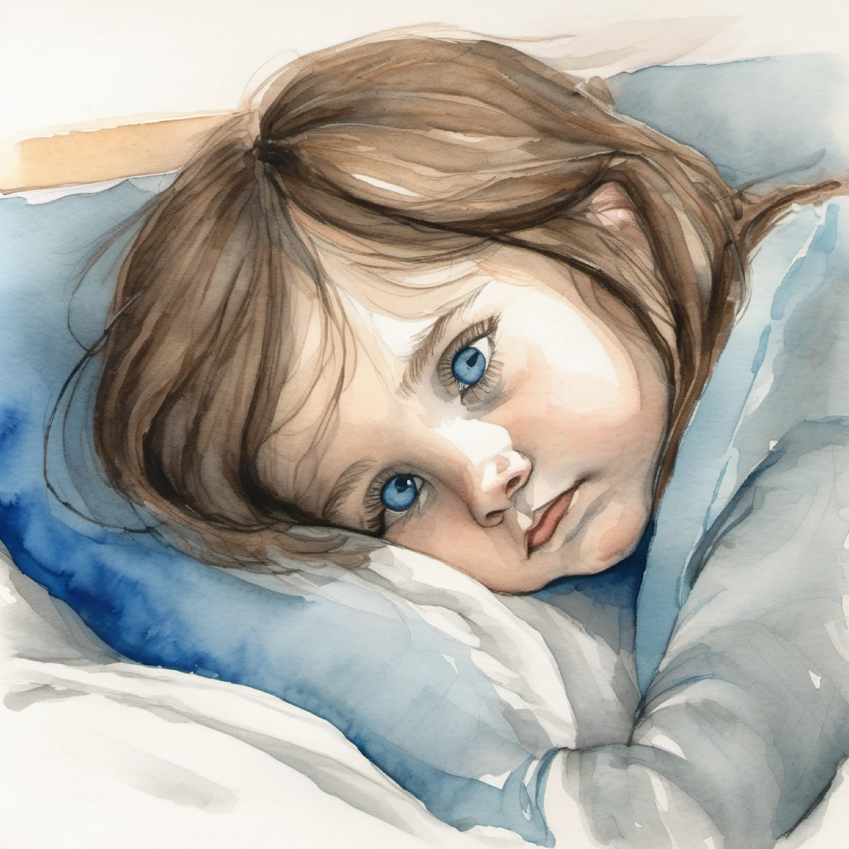Small girl with brown hair and bright blue eyes in bed, nighttime, struggling to fall asleep.