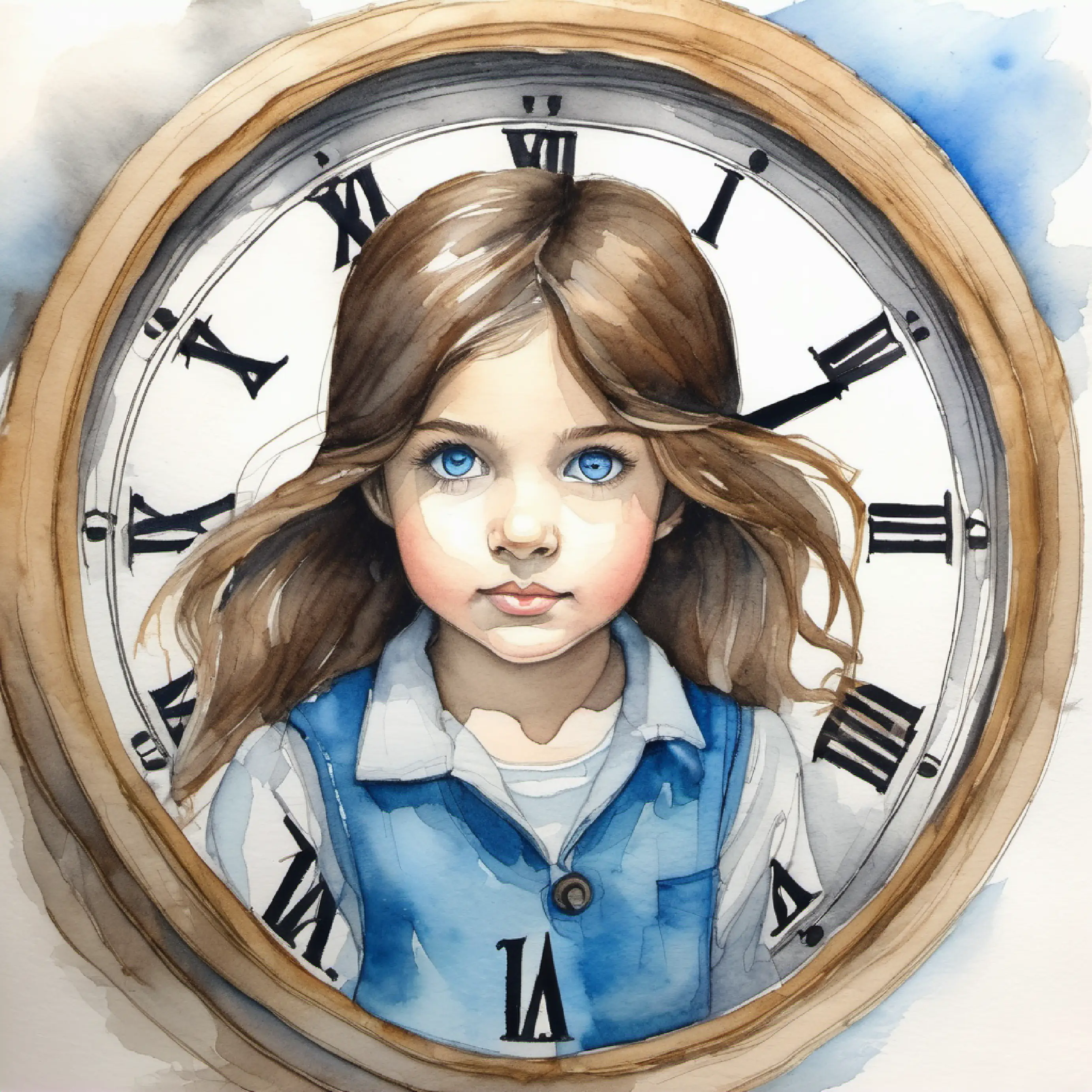 Small girl with brown hair and bright blue eyes restless, clock ticking.