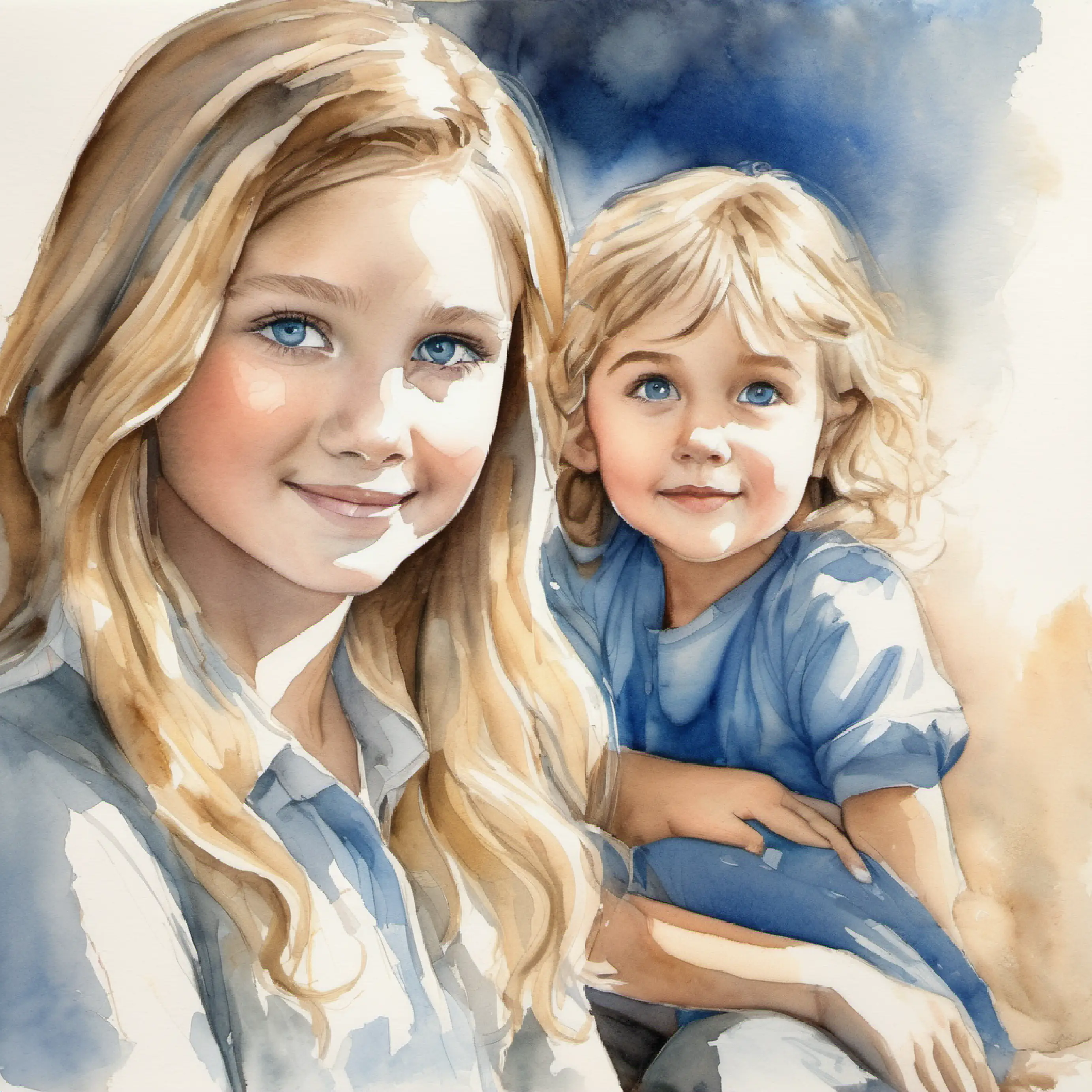 Medium height with wavy blonde hair and brown eyes, caring explains shadow, Small girl with brown hair and bright blue eyes relieved.