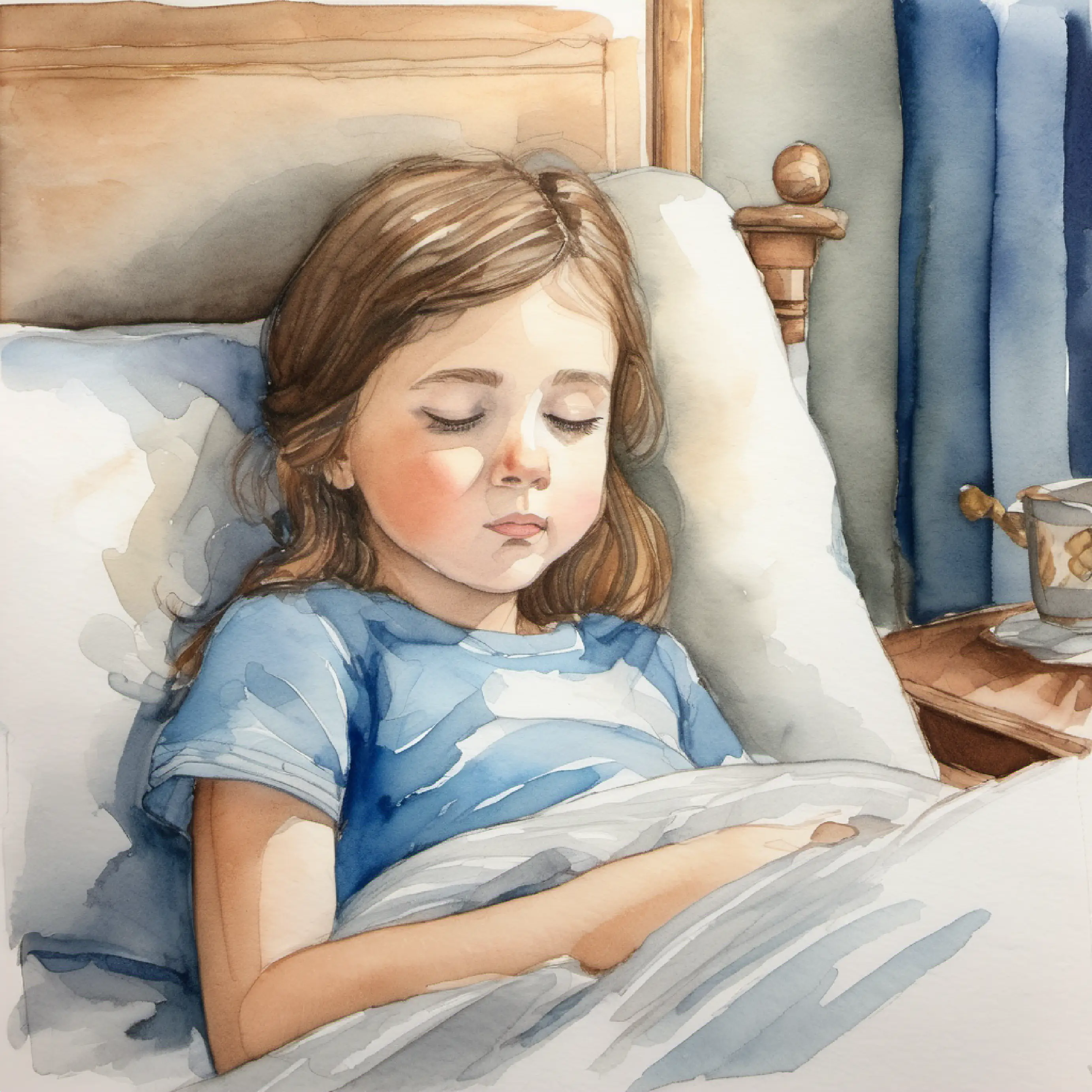 Small girl with brown hair and bright blue eyes in her bed again, falls asleep.