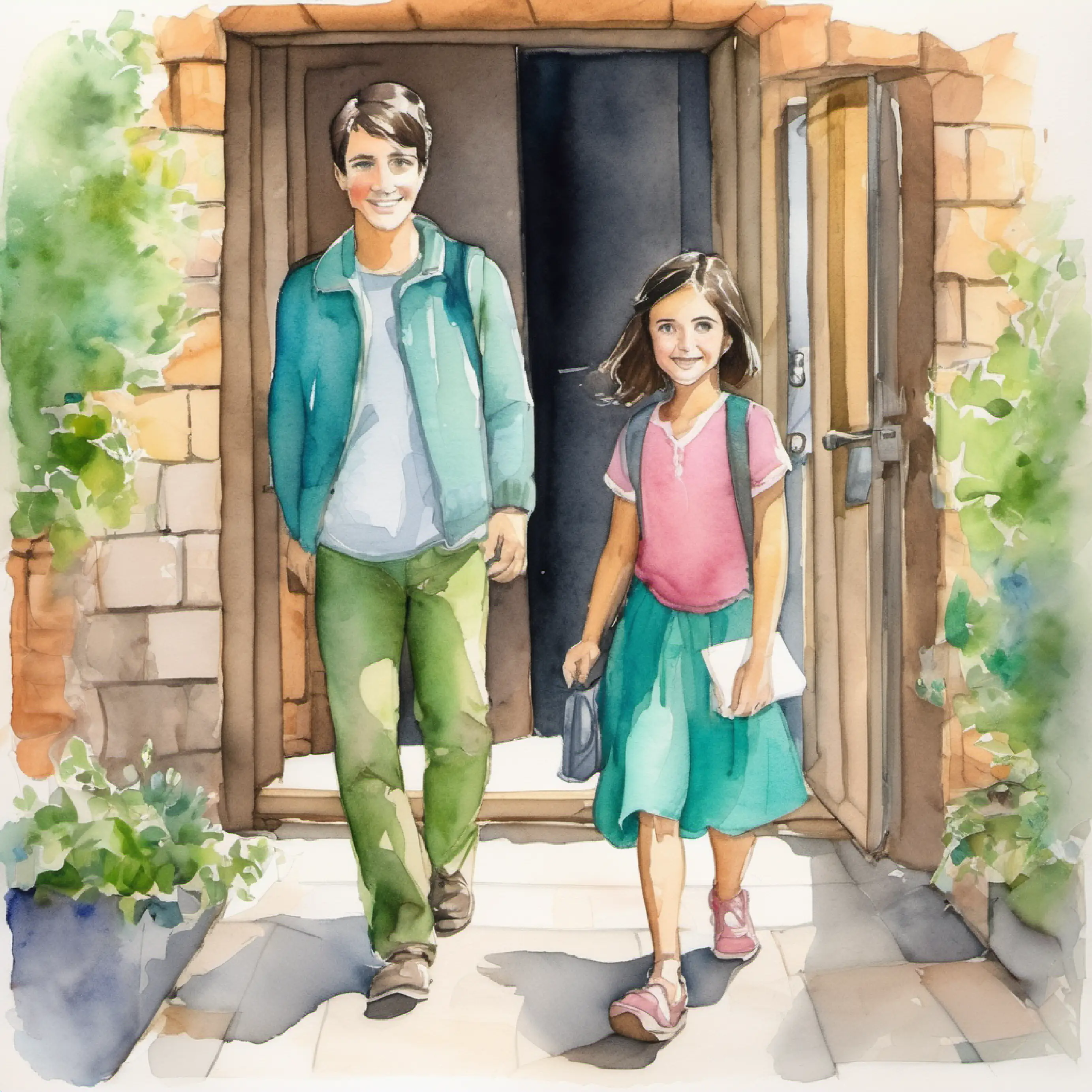 Parents enter, Small girl with brown hair and bright blue eyes worried, Tall with short black hair and green eyes, smiling approaches.