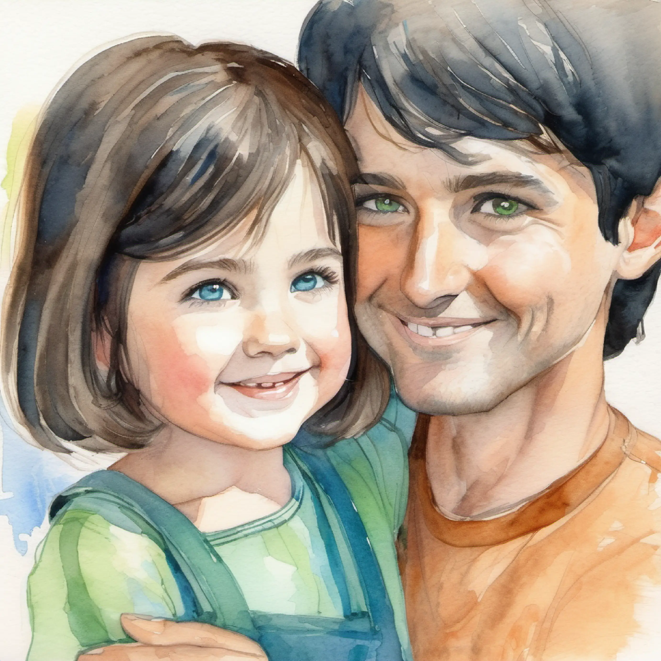 Tall with short black hair and green eyes, smiling comforts Small girl with brown hair and bright blue eyes, offers his hand.