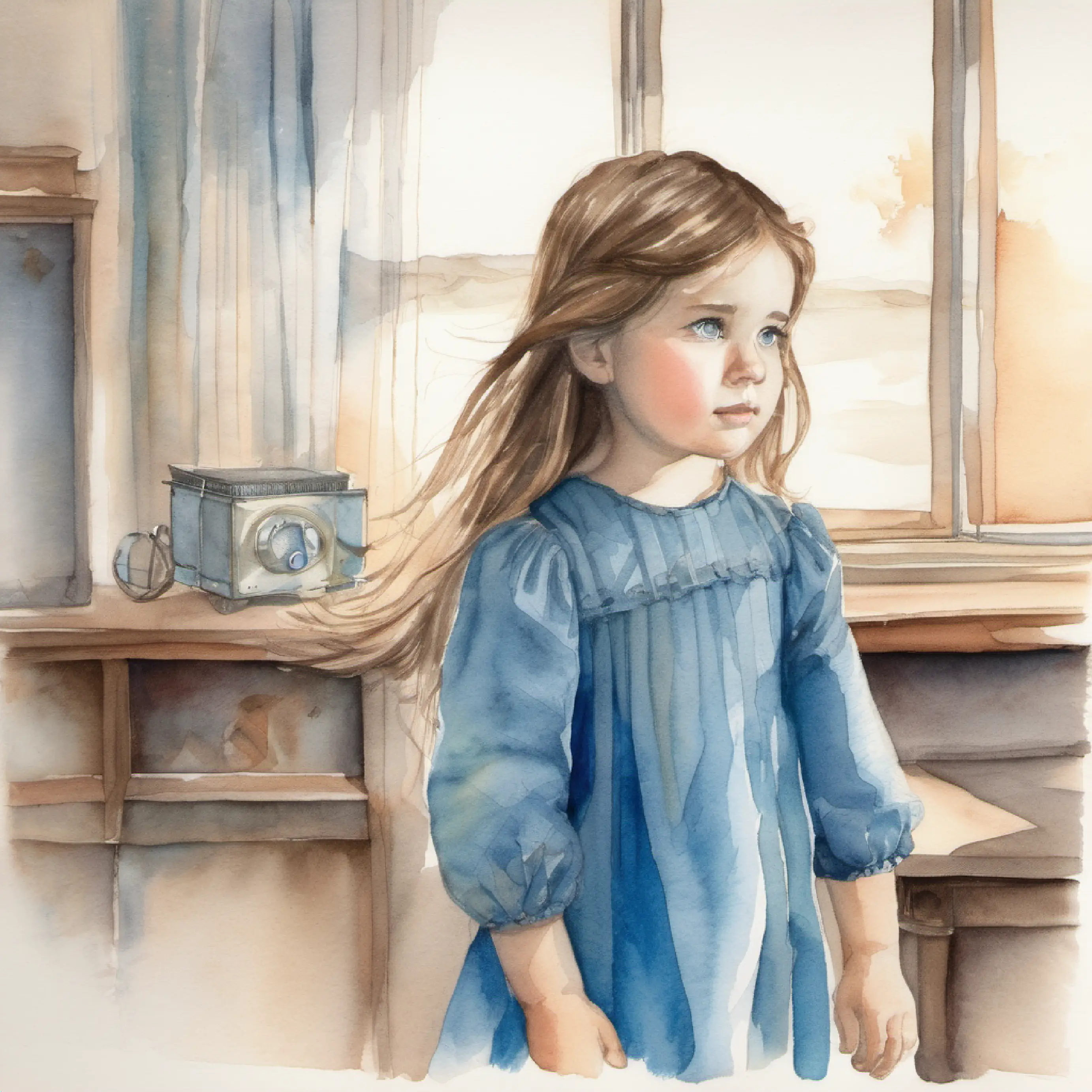 Room darkens, Small girl with brown hair and bright blue eyes hears wind, distant sounds.