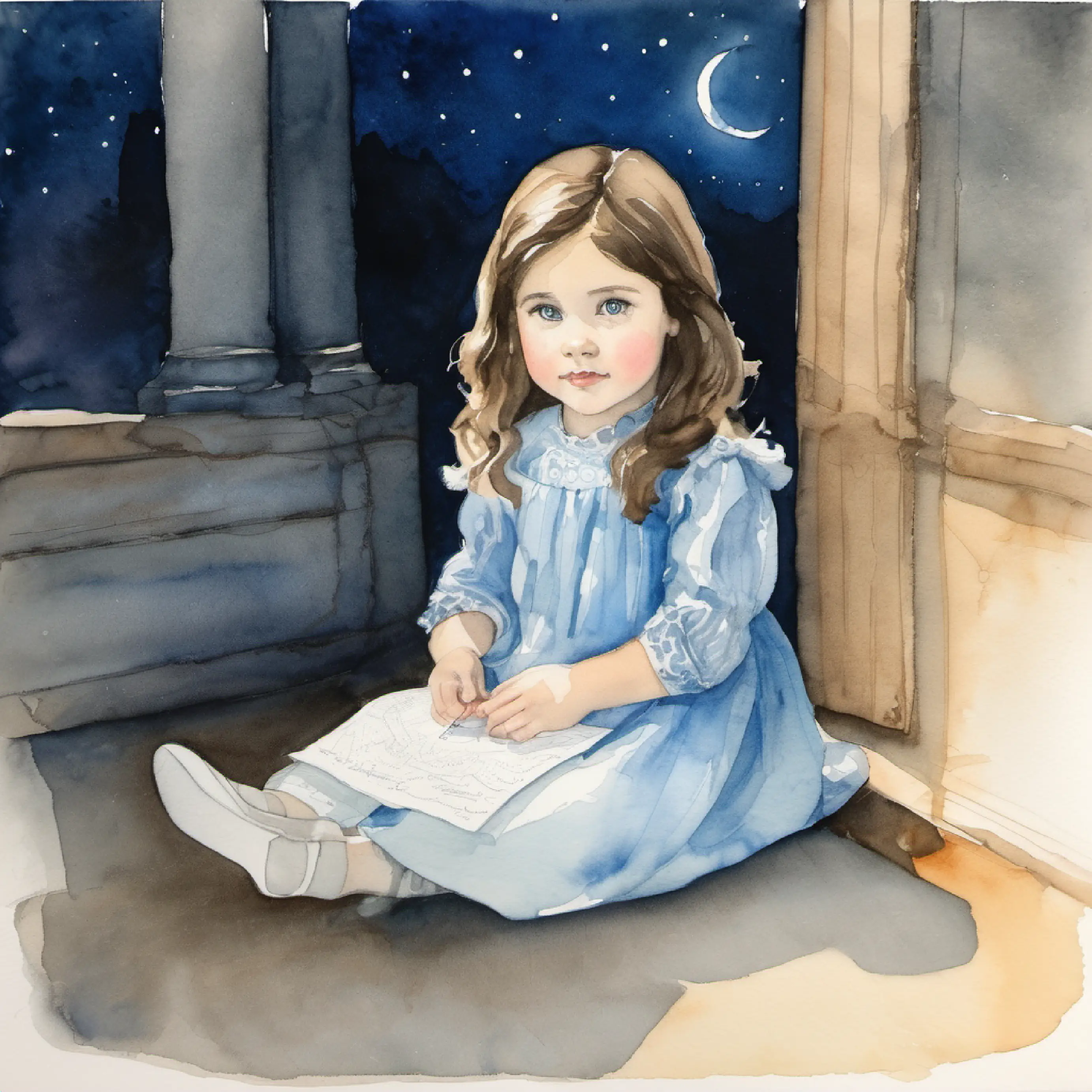 Small girl with brown hair and bright blue eyes sits up, moonlight creates shadows.