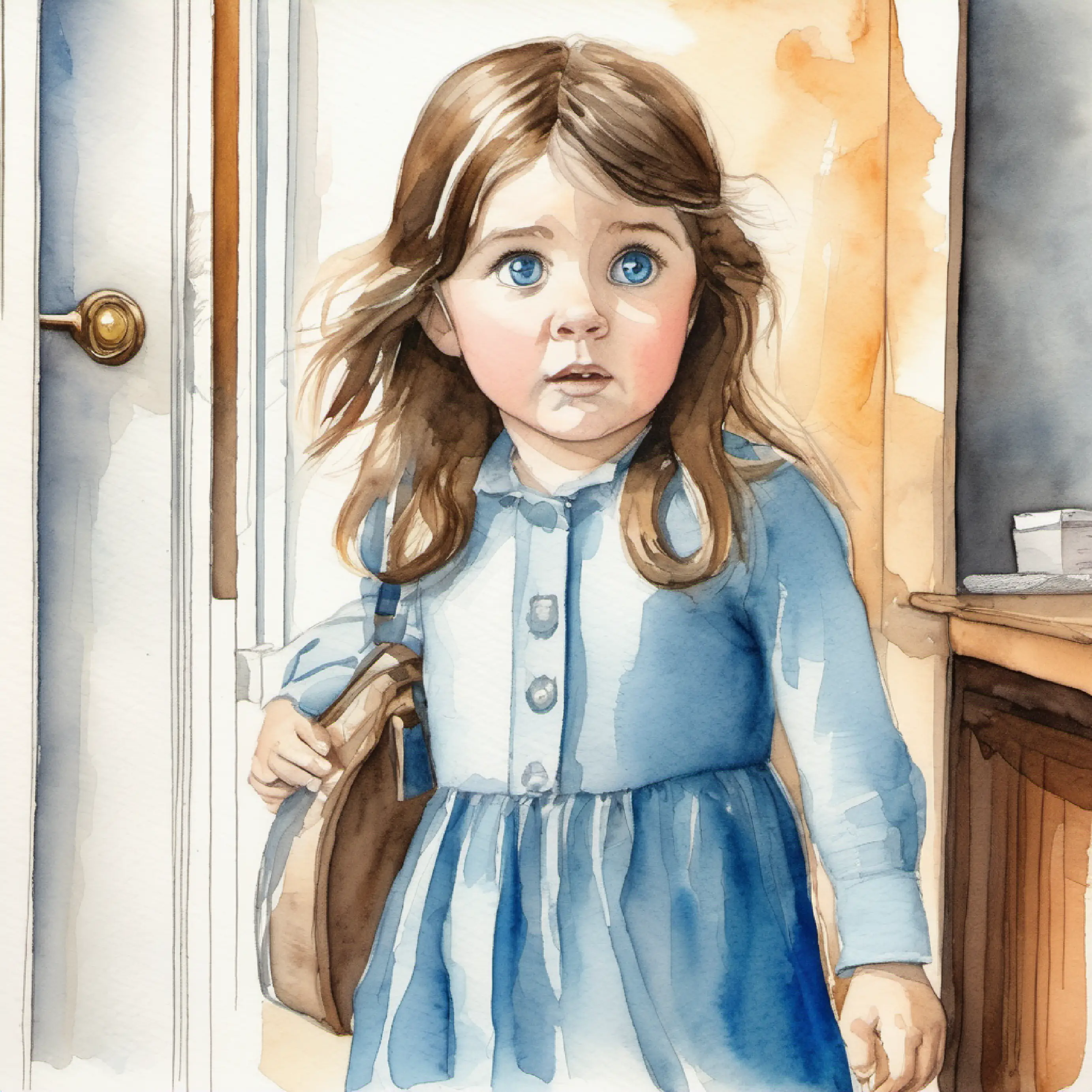 Small girl with brown hair and bright blue eyes dashes off to parents' room, scared.