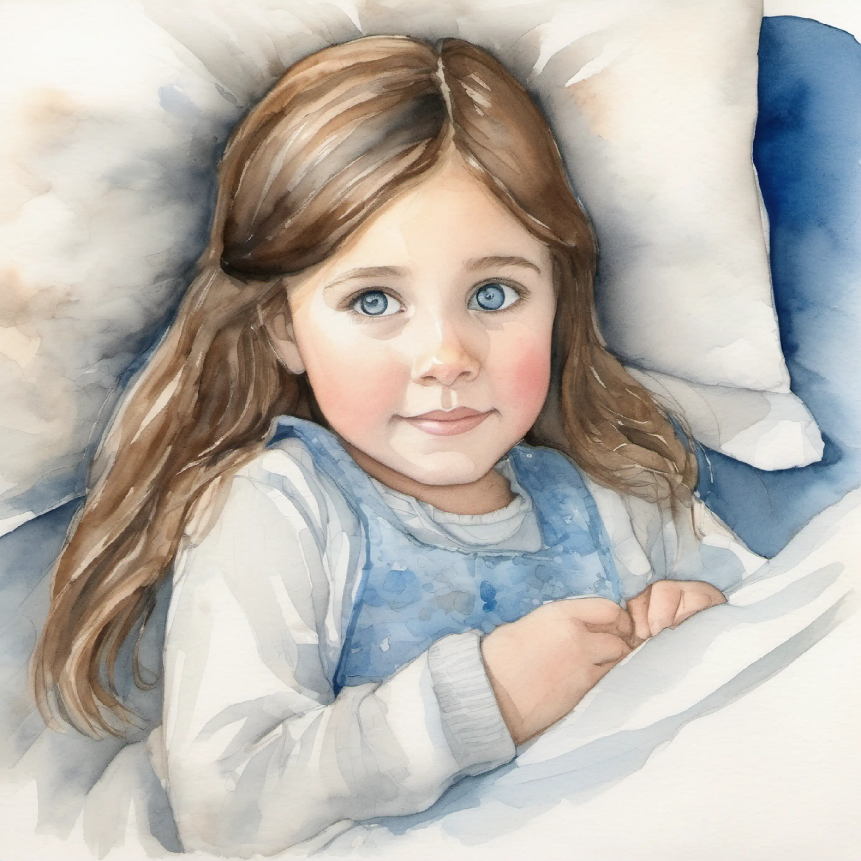 Small girl with brown hair and bright blue eyes in parents' bed, feeling comforted.