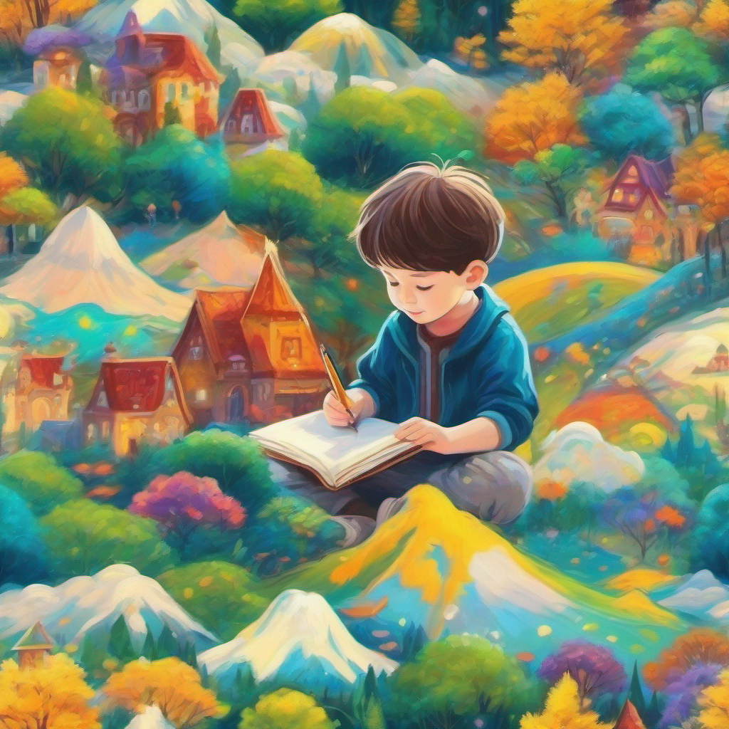 A little boy with a magical pen drawing colorful pictures