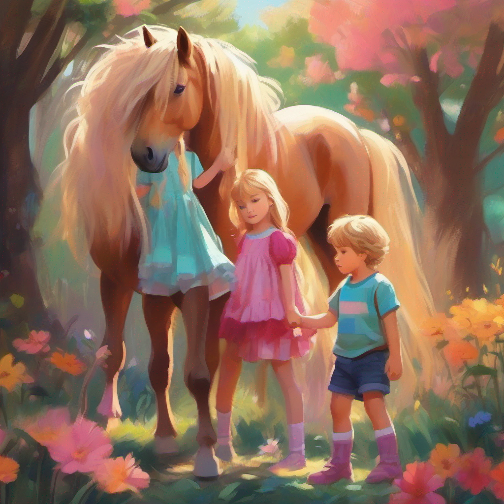 A little boy with messy brown hair and a colorful shirt drawing a pony for his friend A girl with long blonde hair and a pink dress